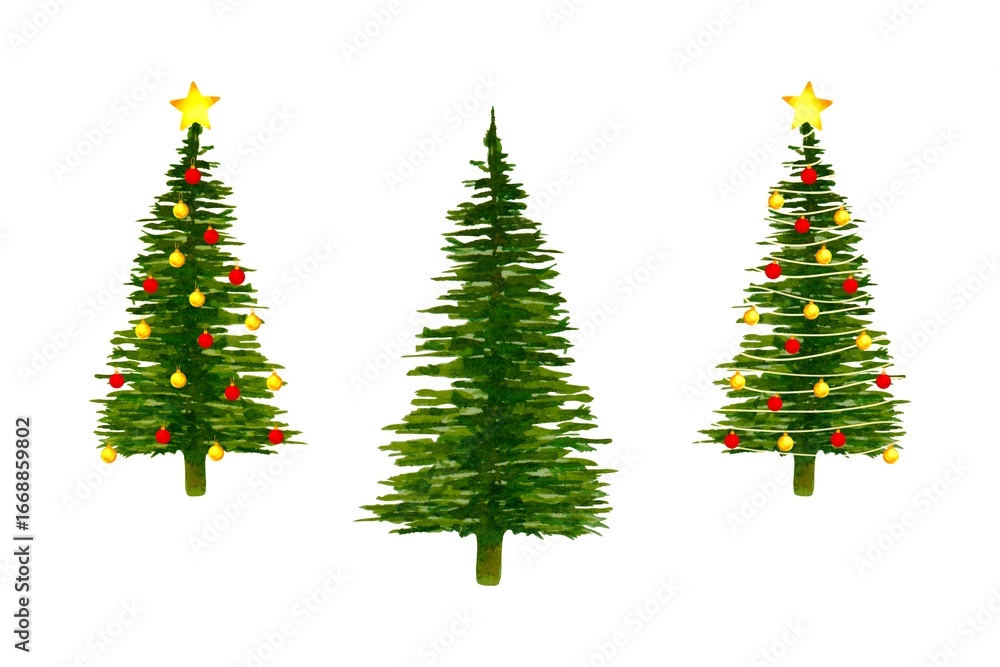 Fototapeta premium Watercolor illustration of three Christmas trees, one plain and two decorated with ornaments, garlands, and stars, isolated on a white background