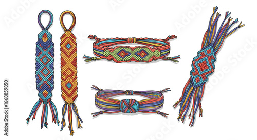 Colorful handcrafted friendship bracelets collection on stark white canvas
