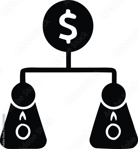 Financial distribution diagram showing dollar sign and two figures representing allocation of funds and resources