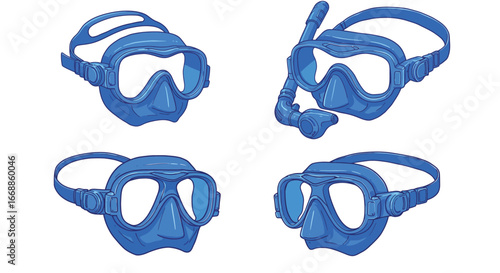 Blue diving masks set, underwater sport equipment isolated against white background