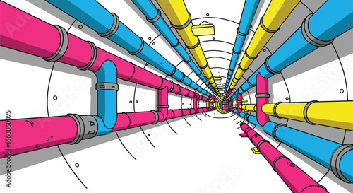 Stylized Flat Vector Illustration of Vibrant Utility Tunnel with Colorful Pipes