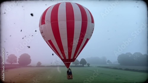 Hot air balloon flies over foggy fields at dawn, video shot on old film