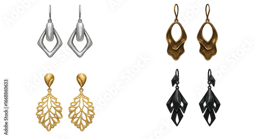 A set of drop earrings in different metallic tones showcasing elegant designs