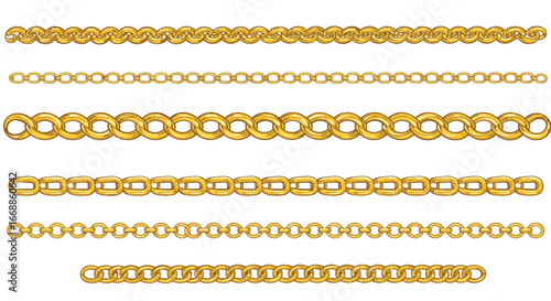 Set of golden chain variations against white background emphasizing elegant simplicity