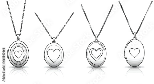 Set of elegant silver locket pendants with heart motif on a chain vector