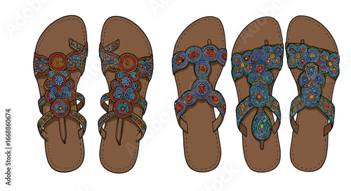 Vibrant vector sandals adorned with intricate beadwork emphasizing bohemian chic style