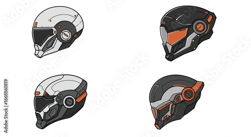 Diverse futuristic helmet vector set, illustrating advanced tech and protection gear