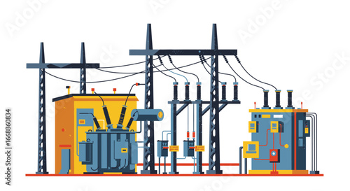 Detailed flat vector illustration showcasing an electrical substation facility