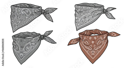 Bandana Collection: Vector Set of Stylish Scarves with Paisley Pattern on White
