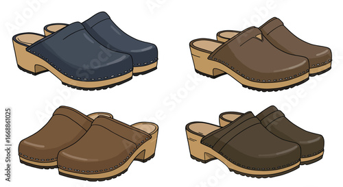 Diverse wooden clogs in varied hues showcased against bright background, presenting shoe styles