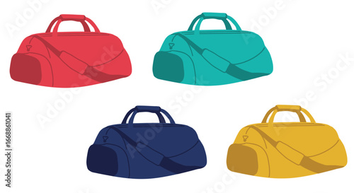 Colorful duffel bags collection, fitness and travel concept illustration