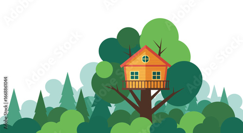 Whimsical Treehouse Retreat Amidst Verdant Forest Vector Illustration