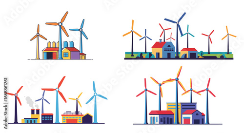 Modern vector illustration showcasing wind turbine farms with various buildings