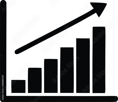 Black and white bar chart with upward trending arrow symbolizing growth and success