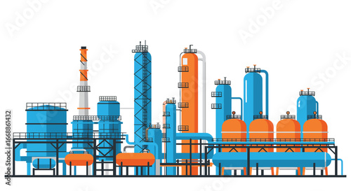 Vibrant oil refinery complex stylized in flat vector illustration against white