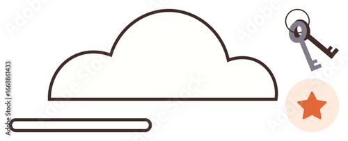 Cloud outline with horizontal bar, two keys indicating security, and a star for favorite files. Ideal for technology, security, access, online storage, cloud computing, privacy simple flat metaphor