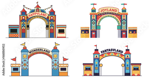 Stylized vector illustration showcasing amusement park entrances on white backdrop