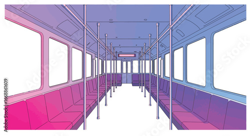 Stylized vector illustration of empty modern tram interior with gradient colors