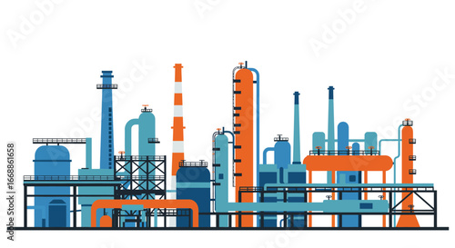 Detailed illustration of a vibrant oil refinery complex on a white backdrop