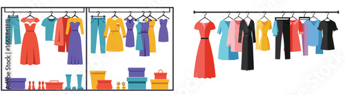 Vibrant closet illustration displaying assorted clothing and accessories organization