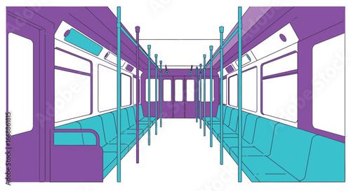 Stylized tram interior illustration with long bench seats and vibrant color
