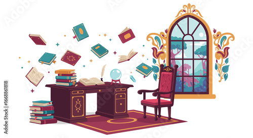 Enchanting wizard's study room with a mystical ambiance and floating books