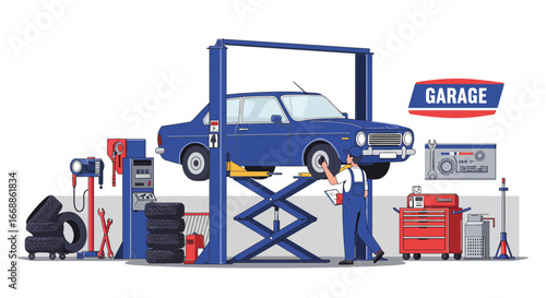 Stylized Flat Vector of Automotive Repair Garage on White Background