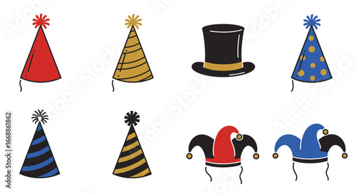 Festive party hats assortment on a clean white background for celebration