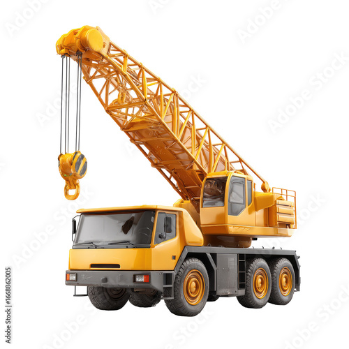 Yellow crane lifting, construction equipment, heavy machinery on a transparent backdrop