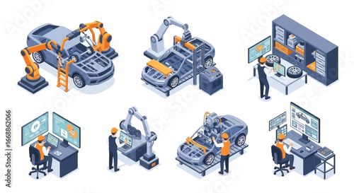 Isometric 3D view illustration of smart car production with robotic arms, engineers using digital interfaces, electric vehicle assembly, battery installation, and quality control manufacture