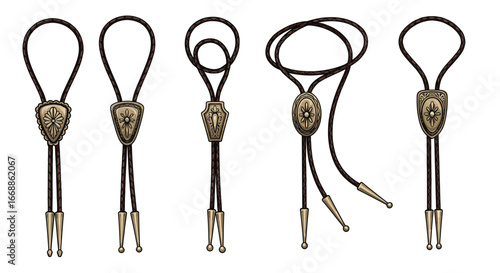 Set of elegantly designed bolo ties, western accessories with intricate metal details