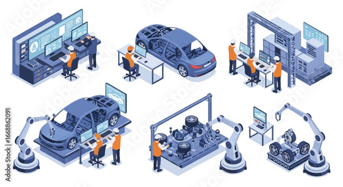 Isometric 3D view illustration of smart car production with robotic arms, engineers using digital interfaces, electric vehicle assembly, battery installation, and quality control manufacture