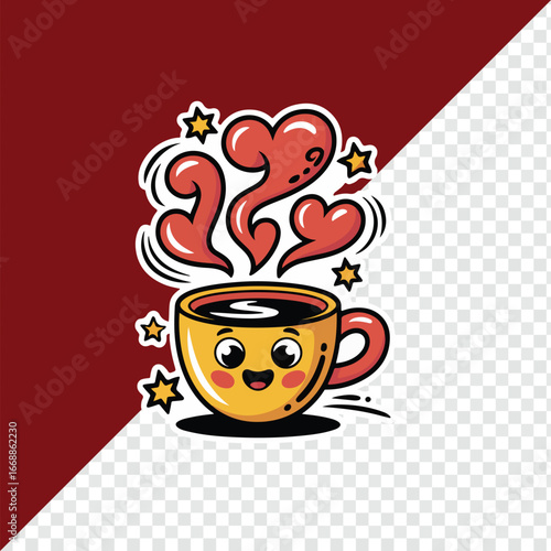Cartoon illustration of a cute coffee cup with hearts and stars around doodles style icon set