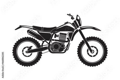 monochrome vector silhouette of dirt bike with visible exhaust pipe and detailed parts for motorsport presentations