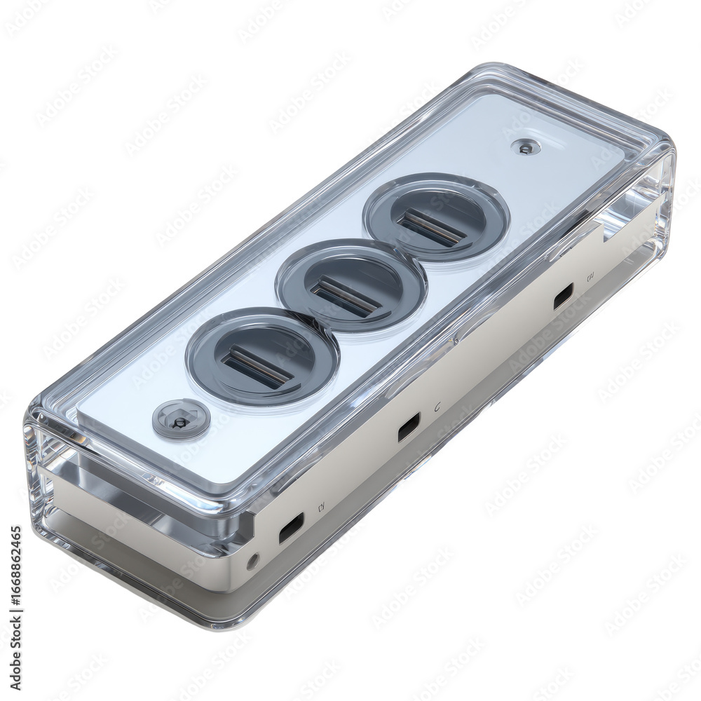 Fototapeta premium Clear plastic enclosure houses three USB ports