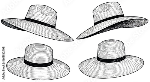 Elegant boater hats showcase, vintage inspired design on a clean white backdrop