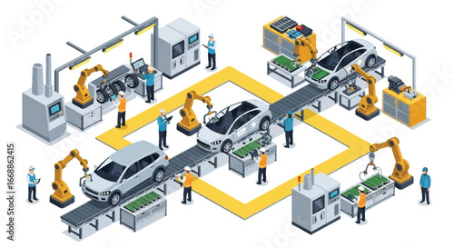 Isometric 3D view illustration of modern car assembly line with robotic arms, electric vehicle battery installation, and engineers supervising production, innovation in automotive manufacturing