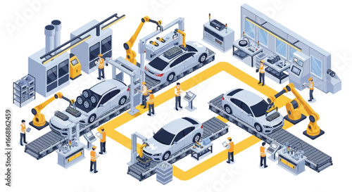 Isometric 3D view illustration of modern car assembly line with robotic arms, electric vehicle battery installation, and engineers supervising production, innovation in automotive manufacturing