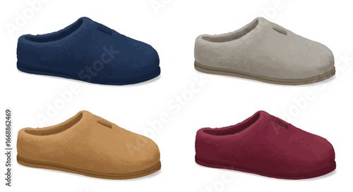 Colorful quartet of cozy wool slippers on a pristine white background illustration