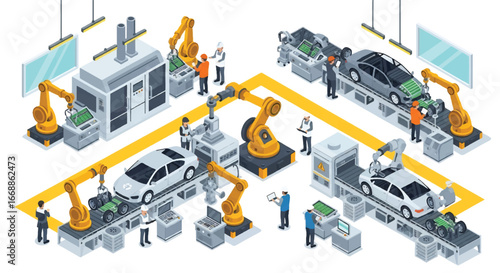 Isometric 3D view illustration of modern car assembly line with robotic arms, electric vehicle battery installation, and engineers supervising production, innovation in automotive manufacturing