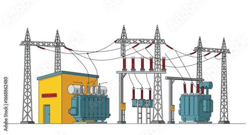 Stylized Illustration of an Electrical Substation on a Stark White Background