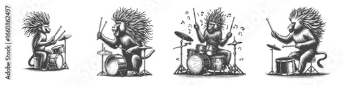 Vintage Hand-Drawn Baboon Playing Drums with Wild Hair Illustration, Primate Animal Engraved Vector for Funny Band and T-Shirt Design