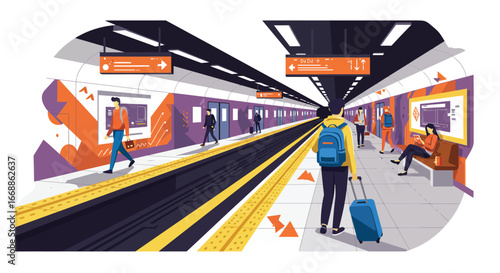 Stylized vector illustration of an underground metro platform with commuters