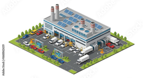 Isometric 3D view illustration of modern car manufacturing plant with robotic arms, solar panels, automated production lines, and vehicles being assembled, symbolizing automotive industry innovation