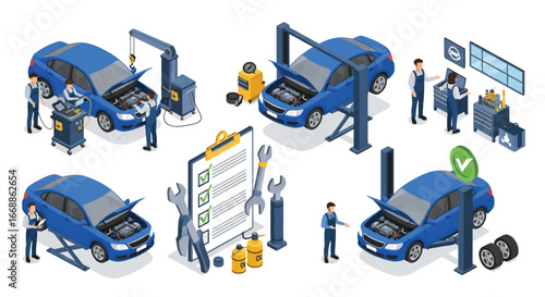 Isometric 3d illustration of car maintenance process with mechanics repairing vehicles, engine inspection, quality control checklist, and auto service tools for automotive repair and workshop concepts