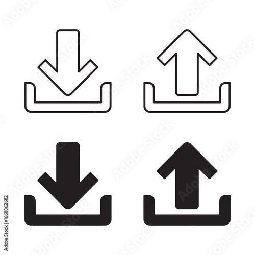 Download and Upload Icon Set – Data Transfer and Cloud Storage Symbols on White Background