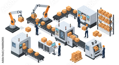 Isometric 3D view illustration of an automated factory with robotic arms, conveyor belts, and workers supervising packaging and logistics, representing modern manufacturing, technology