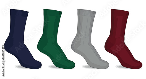 Four colorful socks lined up on a white background displaying casual comfort