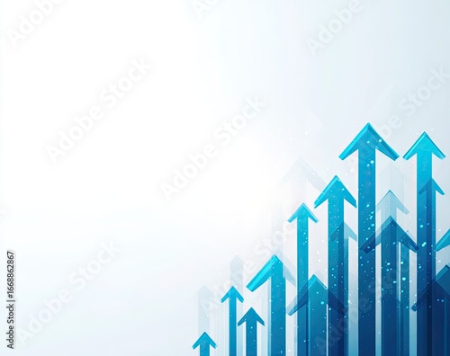 Abstract graphic with many upward-pointing, translucent blue arrows on a light background