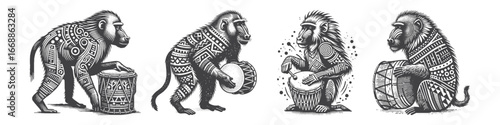 Vintage Hand-Drawn Baboon Covered in Tribal Paint with Drum Illustration, Primate Animal Engraved Vector for Cultural Theme and T-Shirt Design